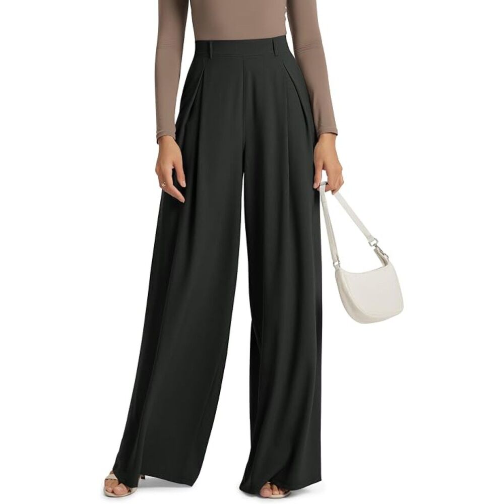 Black Pleated Wide Leg Trousers High Waist Flowy Pants Pockets Business Casual